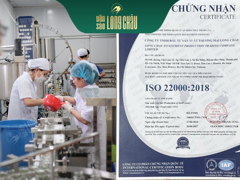 công nhân đang sản xuất yến và giấy chứng nhận iso
